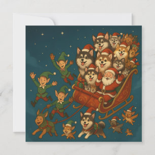 Santa with joyous pups and elves! save the date