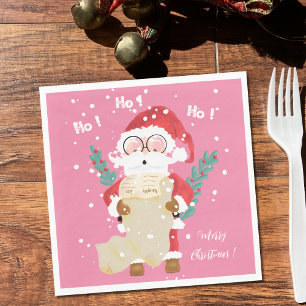 Santa With List Pink Christmas Paper Napkins