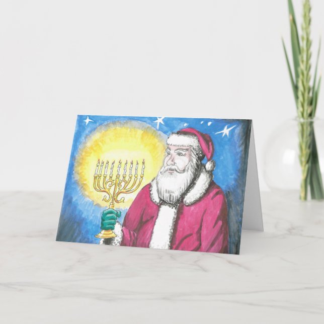 Santa with Menorah Holiday Card (Front)