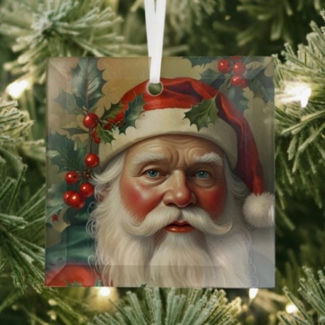 Santa With Mistletoe Glass Tree Decoration (Glass Square Ornament frosted back one-sided printable size: 3”.)