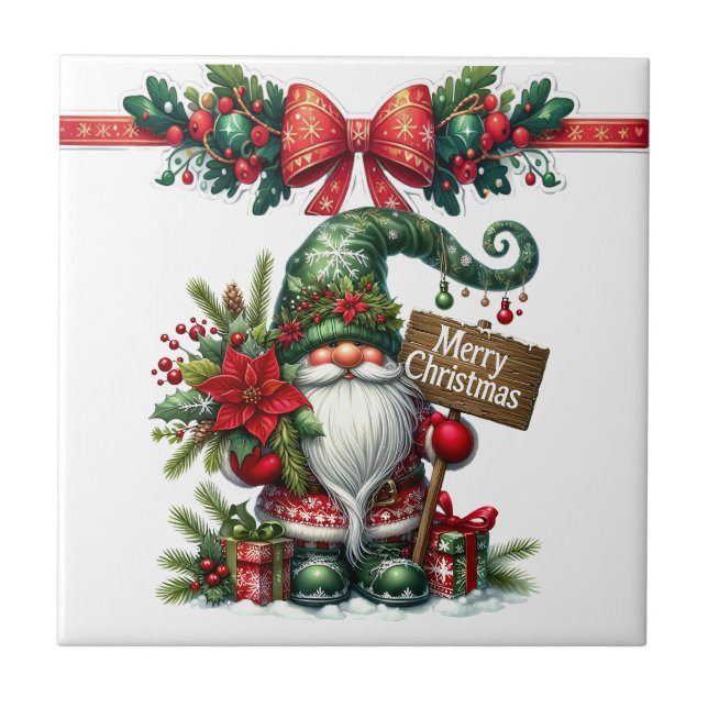 Santa with Poinsettia Christmas Ceramic Tile (Front)