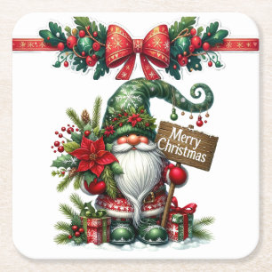 Santa with Poinsettia Christmas Square Paper Coaster