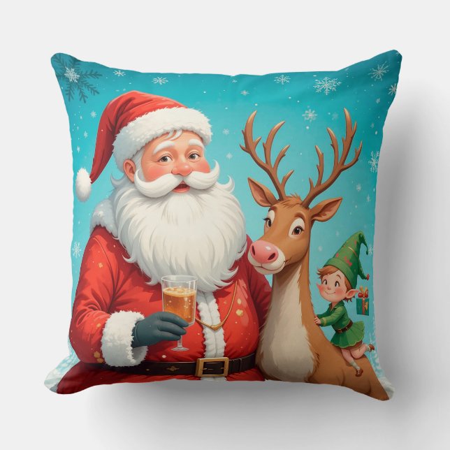 Santa with Reindeer and Elf in Festive Cushion (Front)