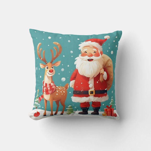 Santa with Reindeer Celebrating Christmas Cushion (Front)