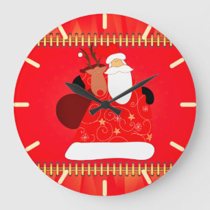 Santa with Reindeer Christmas Holidays   Large Clock