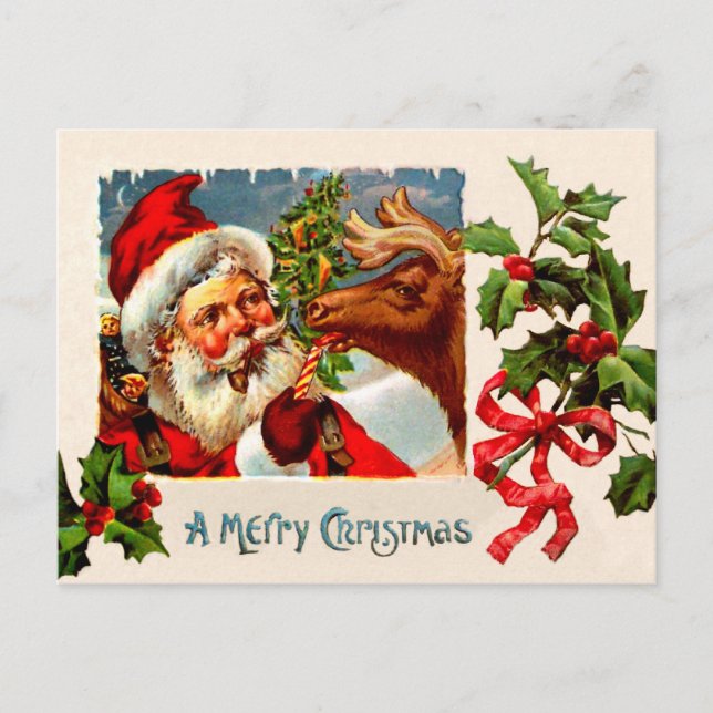 Santa with Reindeer Holiday Postcard (Front)