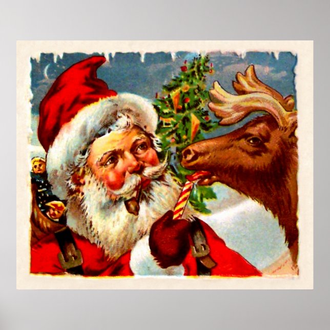 Santa with Reindeer Poster (Front)