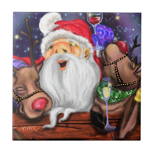 Santa with Reindeers Funny Christmas Ceramic Tile (Front)