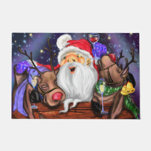 Santa with Reindeers Funny Christmas Doormat