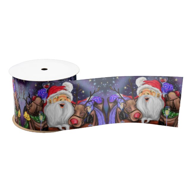 Santa with Reindeers Funny Christmas Ribbon Satin Ribbon (Spool)