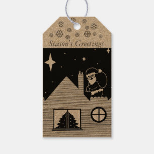 santa with sack on roof black and white christmas gift tags