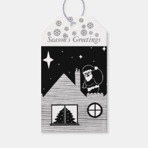 santa with sack on roof black and white christmas gift tags