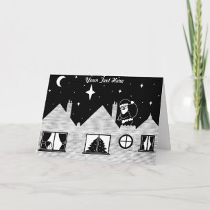 santa with sack on roof black and white christmas holiday card