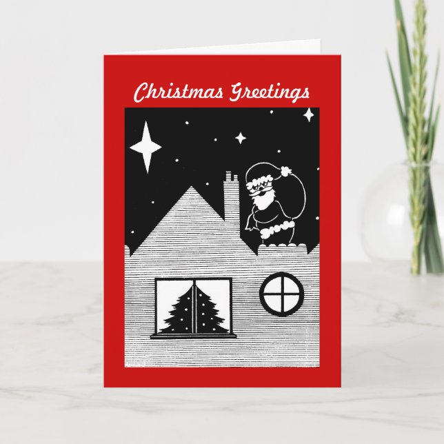 santa with sack on roof black and white christmas holiday card (Front)