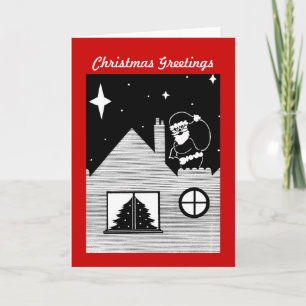 santa with sack on roof black and white christmas holiday card