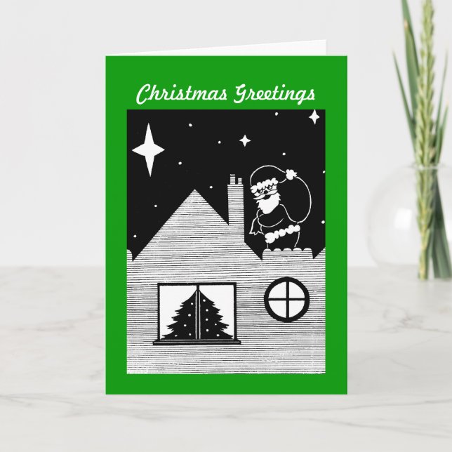 santa with sack on roof black and white holiday card (Front)
