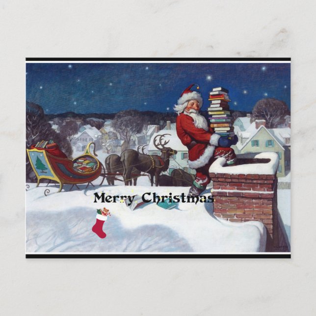 Santa with sleigh full of books, Merry Christmas Postcard (Front)