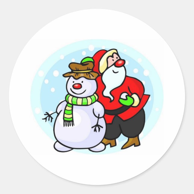 Santa With Snowman Classic Round Sticker (Front)