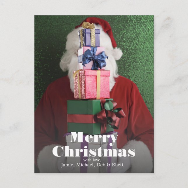Santa with stack of gifts holiday postcard (Front)