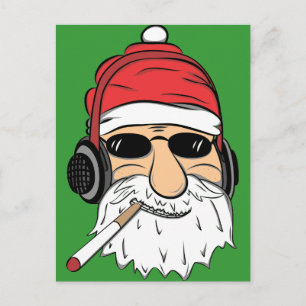 Santa With Sunglasses Cigarette and Headphones Holiday Postcard