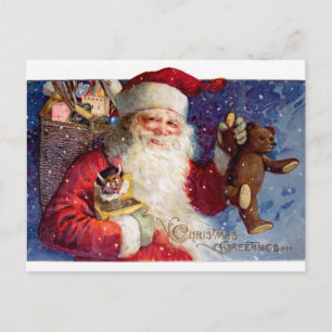Santa with Teddy and Krampus in a Box Holiday Postcard