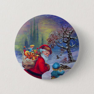 SANTA WITH TOYS AND CHILD IN THE WINTER SNOW  6 CM ROUND BADGE