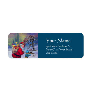 SANTA WITH TOYS AND CHILD IN THE WINTER SNOW Blue Return Address Label