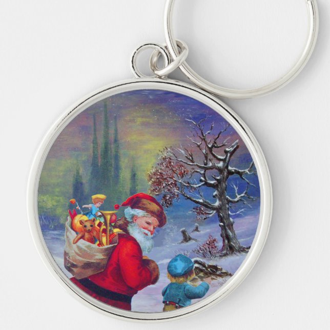 SANTA WITH TOYS AND CHILD IN THE WINTER SNOW KEY RING (Front)
