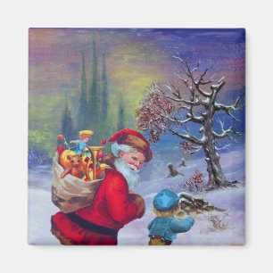 SANTA WITH TOYS AND CHILD IN THE WINTER SNOW MAGNET