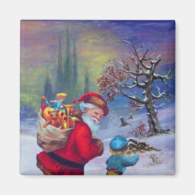 SANTA WITH TOYS AND CHILD IN THE WINTER SNOW  MAGNET (Front)