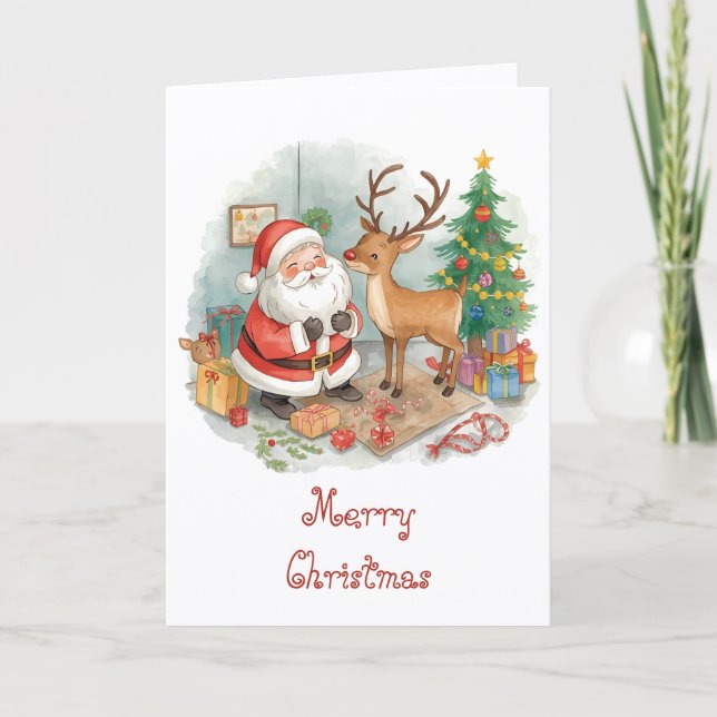 Santa with toys and reindeer & whimsical Christmas Card (Front)