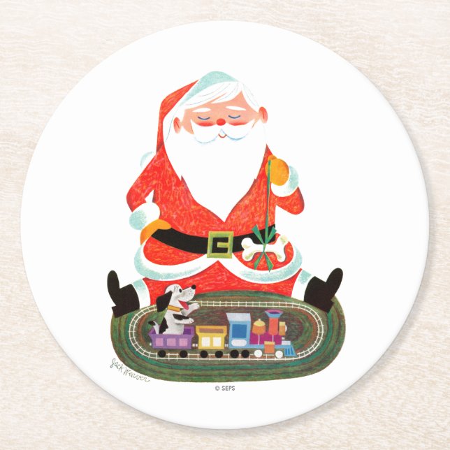 Santa with Train Round Paper Coaster (Front)
