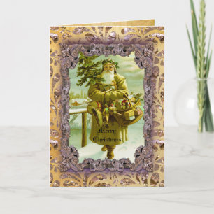 Santa with tree and toys Victorian Holiday Card