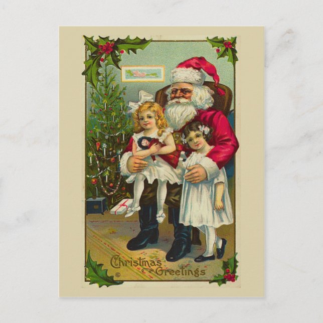 Santa with two girls holiday postcard (Front)