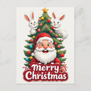 Santa With Two Rabbits Christmas Tree Postcard