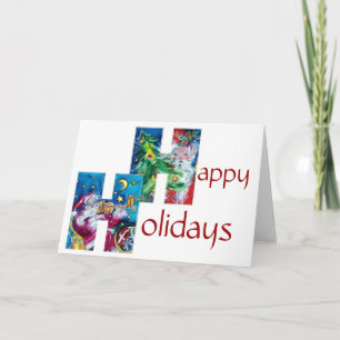 SANTA WITH  VIOLIN AND  CHRISTMAS TREE MONOGRAM HOLIDAY CARD