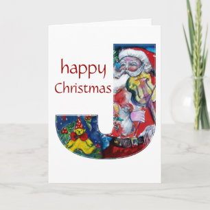 SANTA WITH VIOLIN  J MONOGRAM HOLIDAY CARD