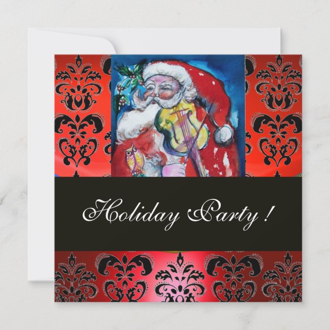 SANTA WITH VIOLIN ,RED BLACK DAMASK MONOGRAM Ruby Invitation (Front)