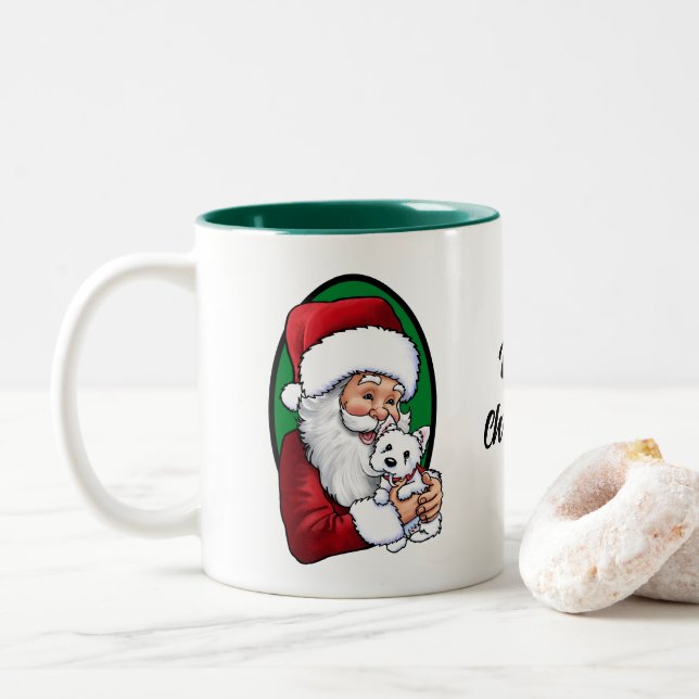 Santa With Westie  Two-Tone Coffee Mug (With Donut)