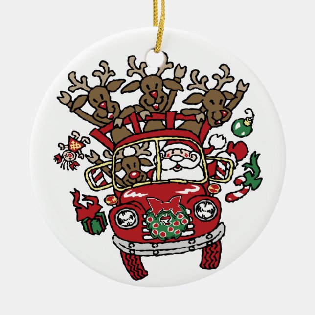 Santa Woody and His Reindeer Christmas Cartoon Ceramic Ornament (Front)