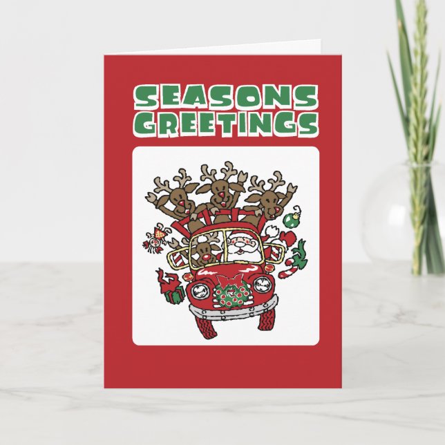 Santa Woody and His Reindeer Christmas Cartoon Holiday Card (Front)