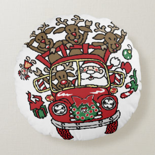 Santa Woody and His Reindeer Christmas Cartoon Round Cushion