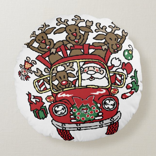 Santa Woody and His Reindeer Christmas Cartoon Round Cushion (Front)