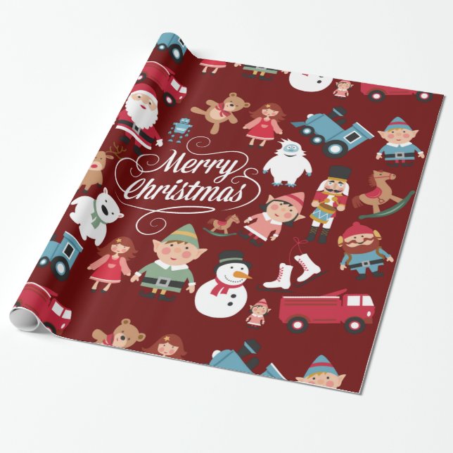 Santa Workshop Toys Elves Christmas Wrapping Paper (Unrolled)