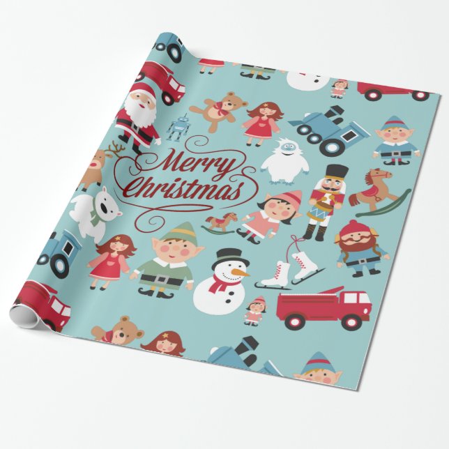Santa Workshop Toys Elves Christmas Wrapping Paper (Unrolled)