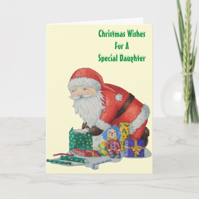santa wrapping gifts and toys for Christmas Holiday Card (Front)