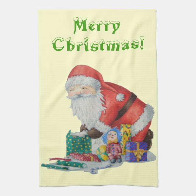 santa wrapping pressies original christmas tea towel (Vertical)
