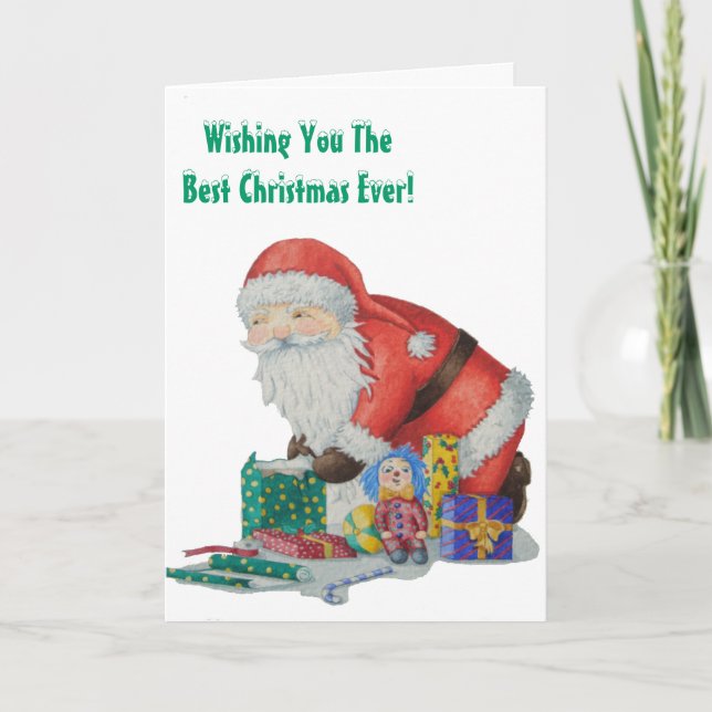 santa wrapping toys and gifts for Christmas Holiday Card (Front)