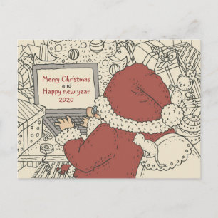Santa Writing Holiday Wishes on Laptop Postcard