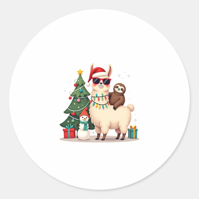 Santa Xmas Funny Llama Sloth Christmas (2) Classic Round Sticker (Front)